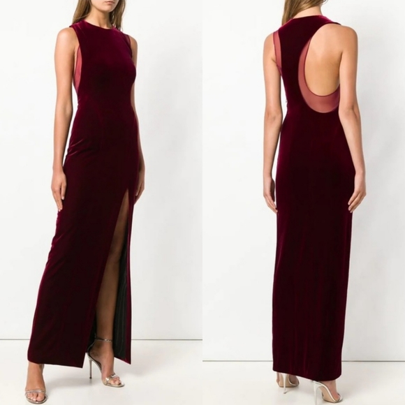 Galvan London Crescent Sheer Panel Thigh Split Velvet Wine Evening Gown Size 10 - Picture 5 of 17